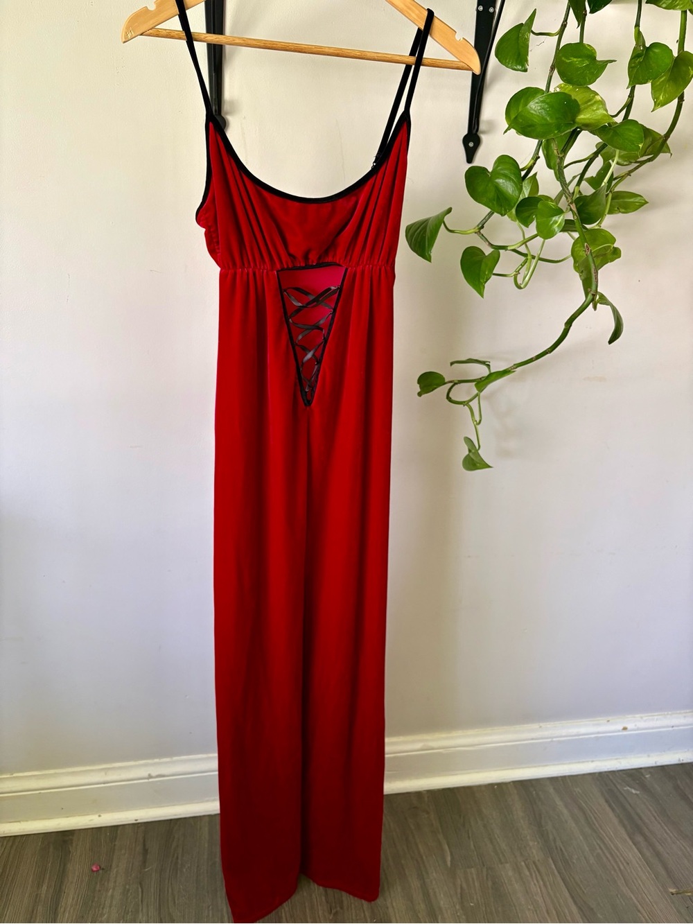 Red Spaghetti-Strap Maxi Dress with Lace-Up Detail
